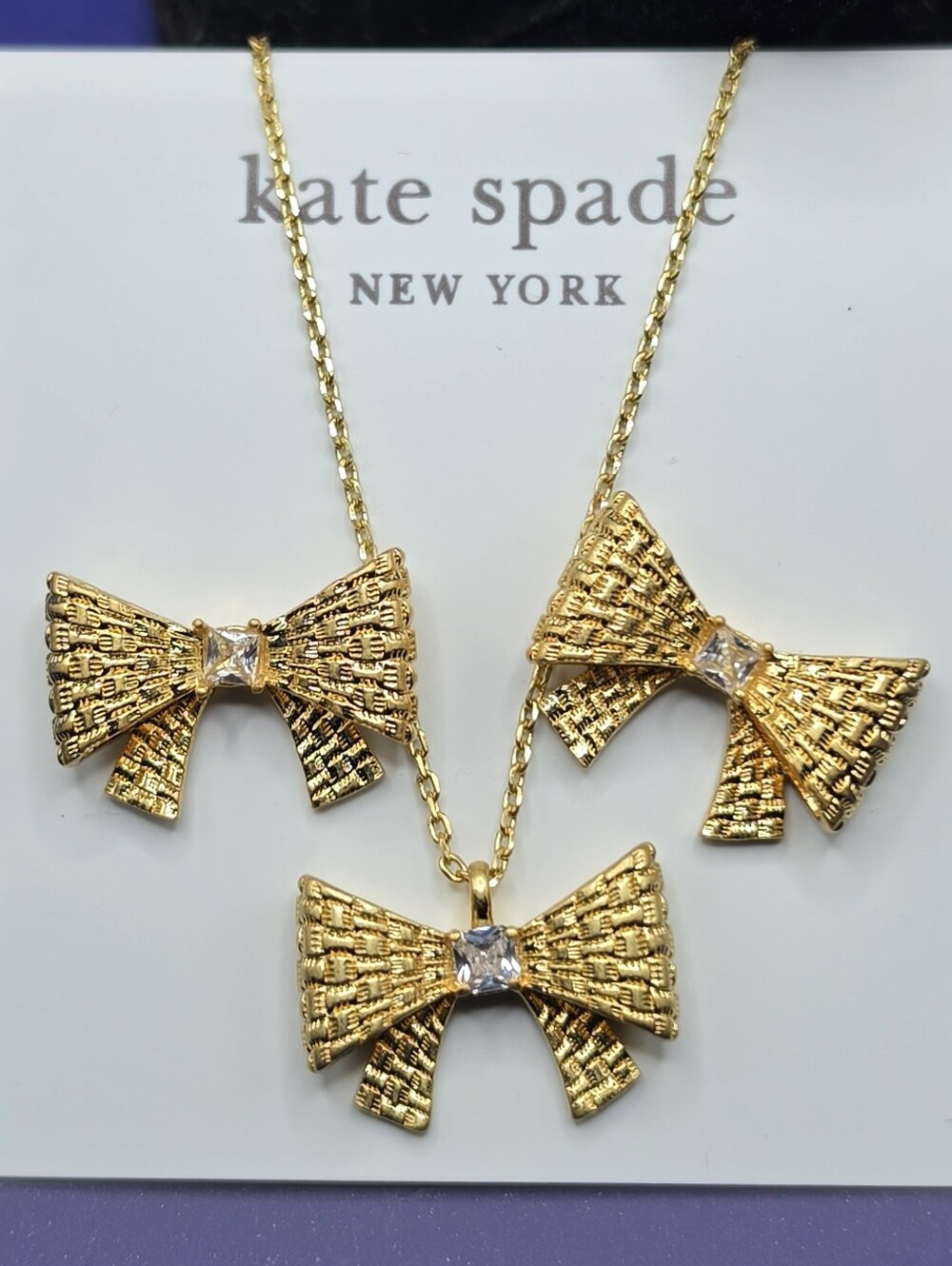 Kate Spade Gold Wrapped In A Bow Pendant Necklace & Stud Earrings